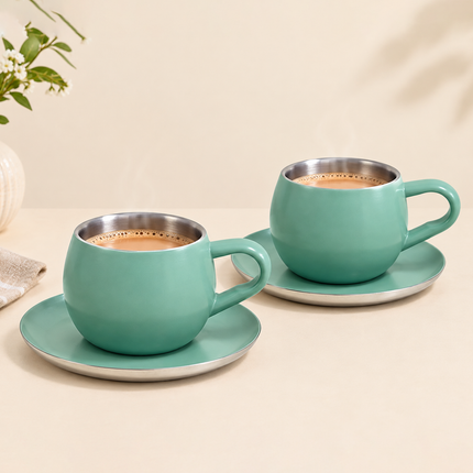 Gluman Stainless Steel Cup and Saucer Set of 2
