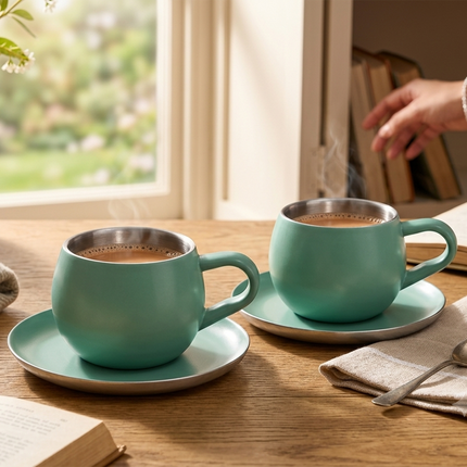 Gluman Stainless Steel Cup and Saucer Set of 2