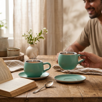 Gluman Stainless Steel Cup and Saucer Set of 2