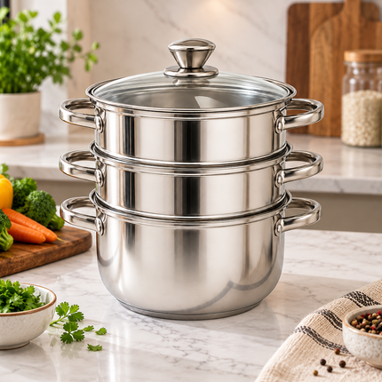 Steamer Stainless Steel with Glass Lid (set of 3)