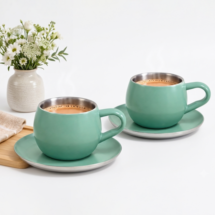 Gluman Stainless Steel Cup and Saucer Set of 2