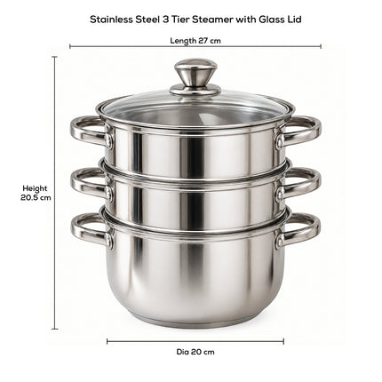 Steamer Stainless Steel with Glass Lid (set of 3)